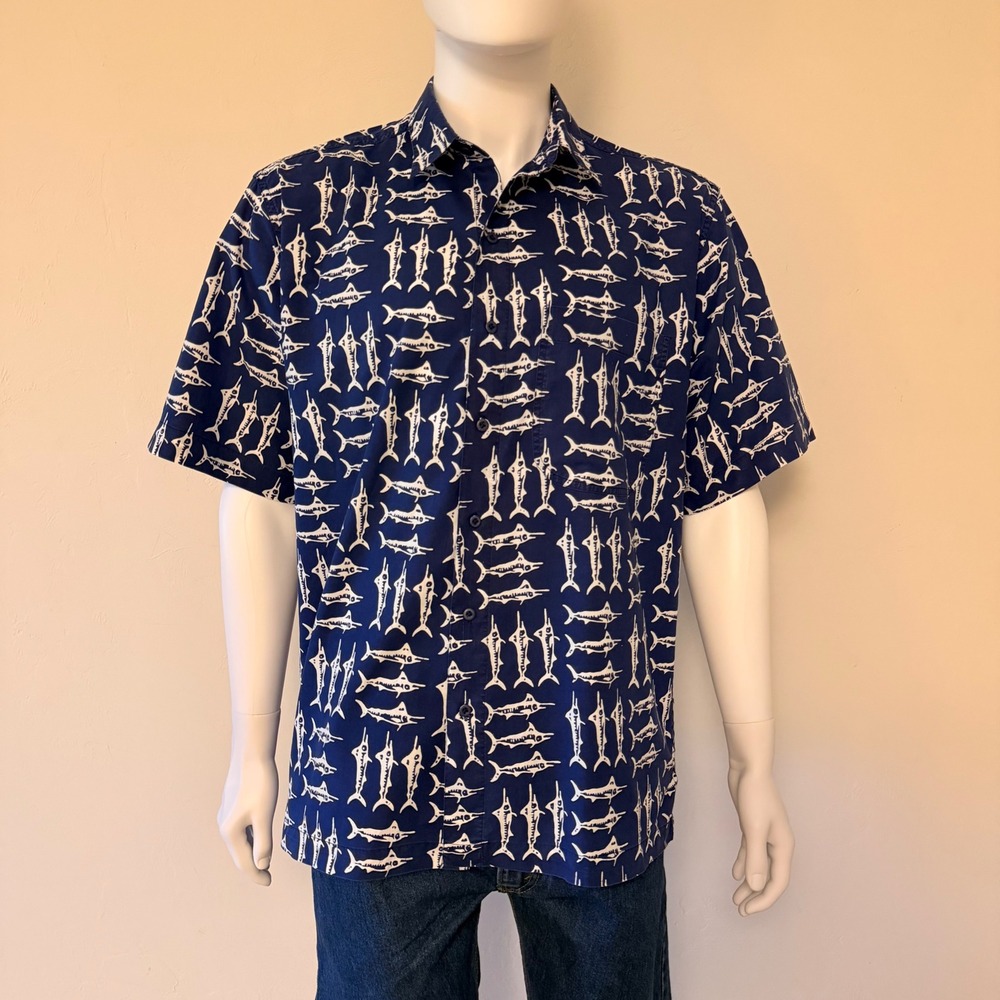 Back East Mens Navy Blue Marlin Swordfish Print Cotton Button Down Shirt Size L